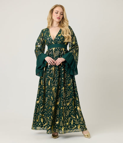 Unique Vintage Green & Gold Foil Peacock Print Maxi Dress
