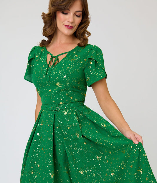 Unique Vintage Green & Gold Star Dahlia Swing Dress