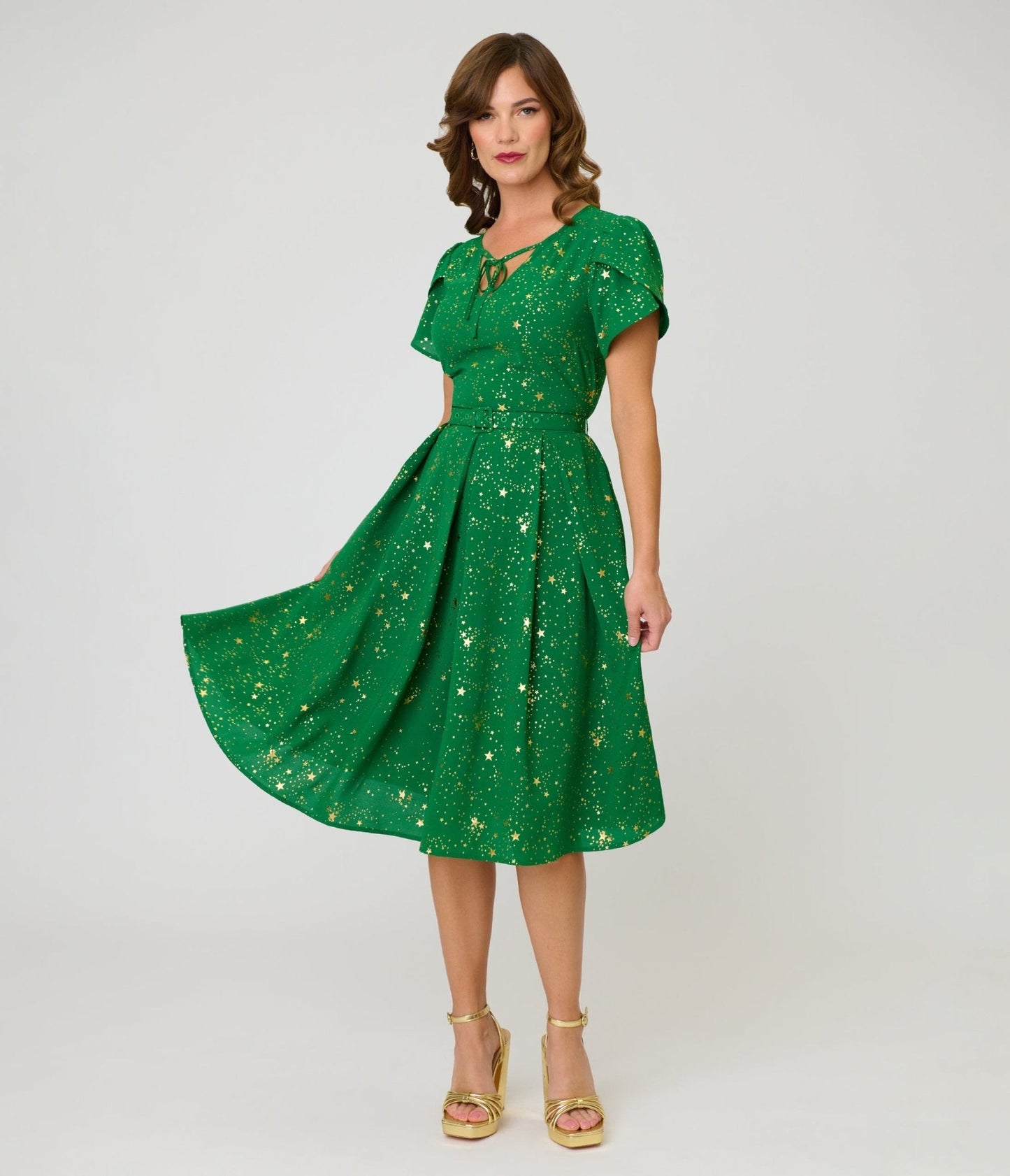 Unique Vintage Green & Gold Star Dahlia Swing Dress
