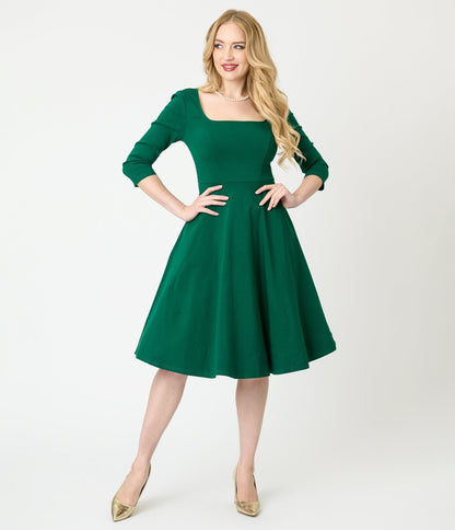 Unique Vintage Green Square Neck Swing Dress