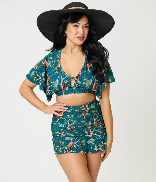 Unique Vintage Green Tiger Print Alice Swim Skirt