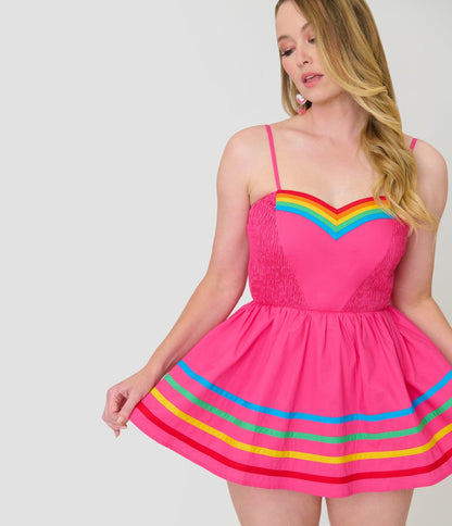Unique Vintage Hot Pink & Rainbow Cotton Skirted Romper