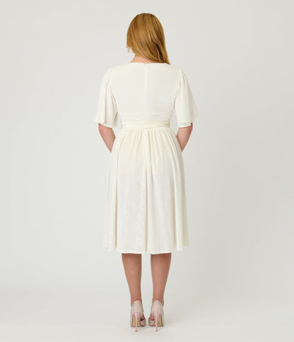Unique Vintage Ivory Peacock Embossed Velvet Flutter Sleeve Lenora Swing Dress