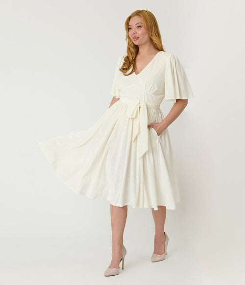 Unique Vintage Ivory Peacock Embossed Velvet Flutter Sleeve Lenora Swing Dress