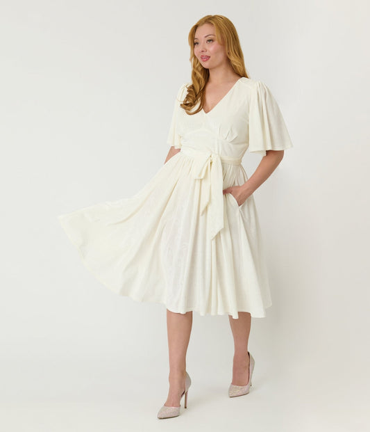 Unique Vintage Ivory Peacock Embossed Velvet Flutter Sleeve Lenora Swing Dress
