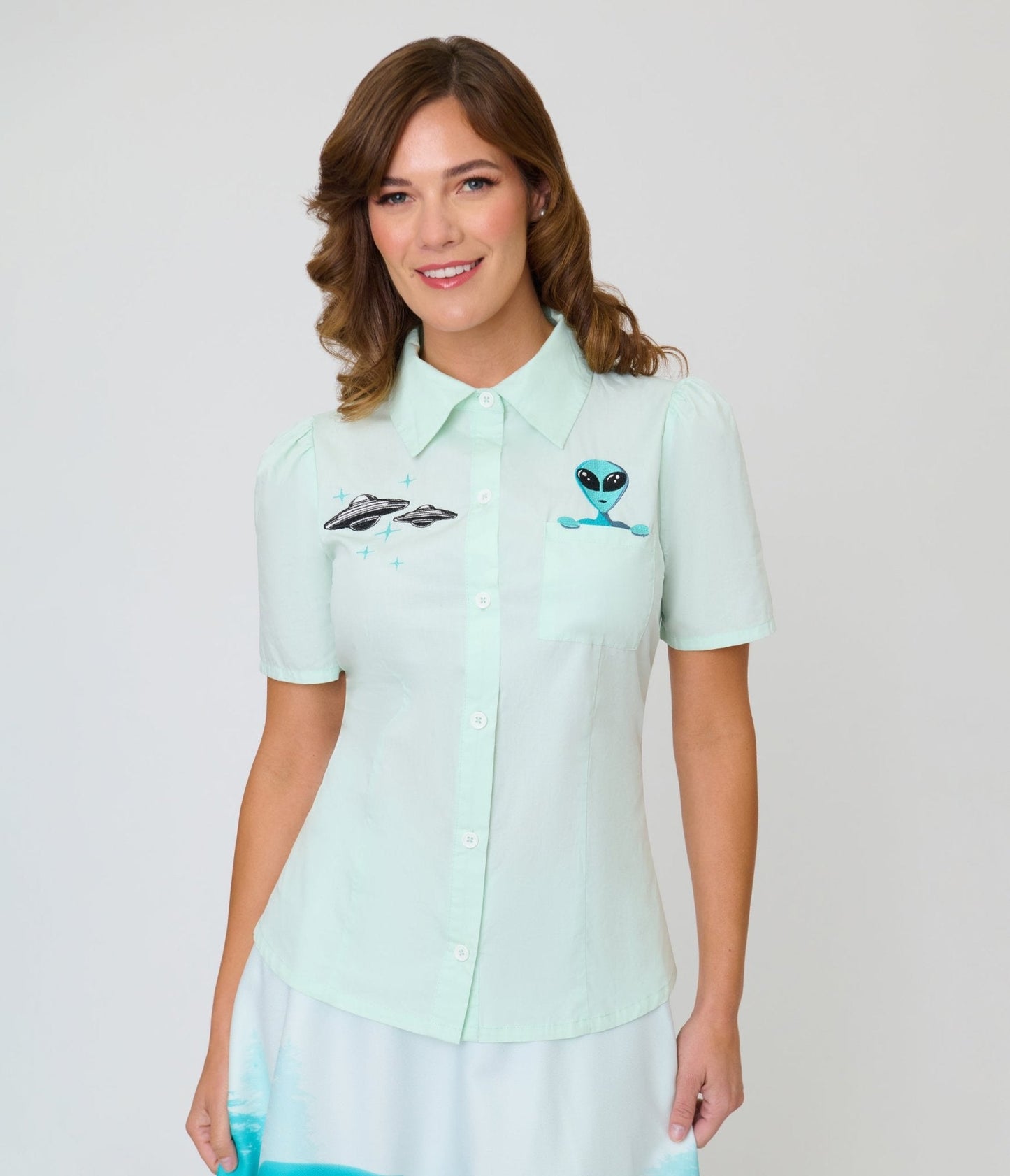 Unique Vintage Mint Alien & UFO Collared Blouse