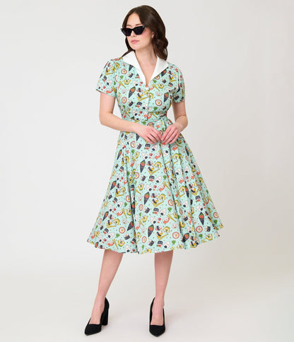 Unique Vintage Mint Sushi Print Shirt Dress