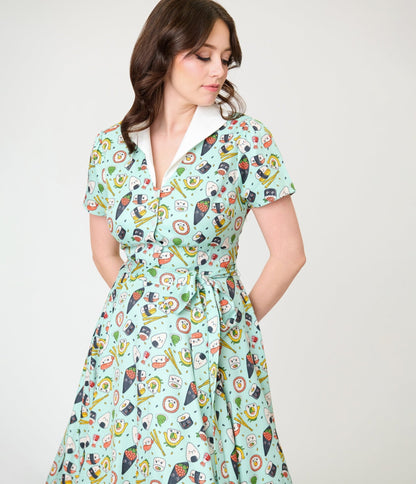 Unique Vintage Mint Sushi Print Shirt Dress