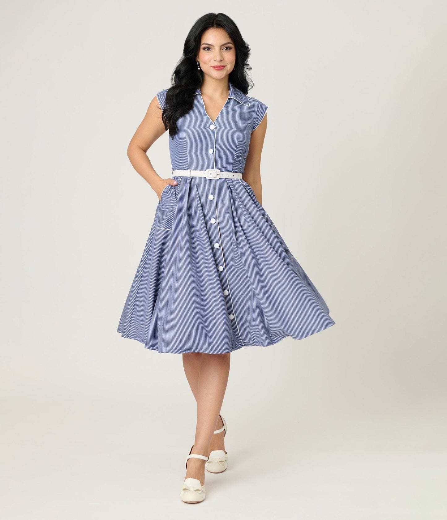 Unique Vintage Navy & White Stripe Shirt Swing Dress