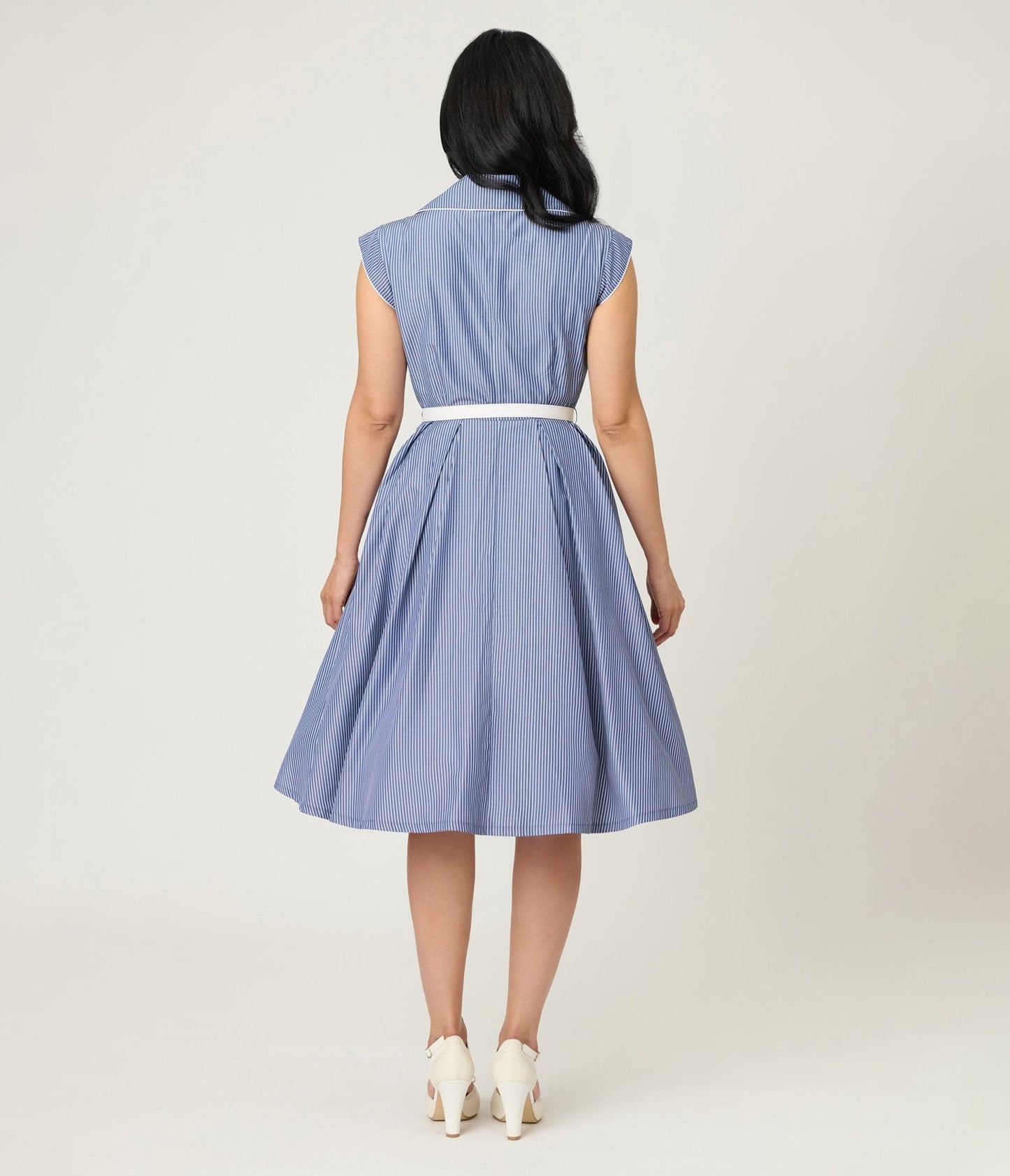Unique Vintage Navy & White Stripe Shirt Swing Dress