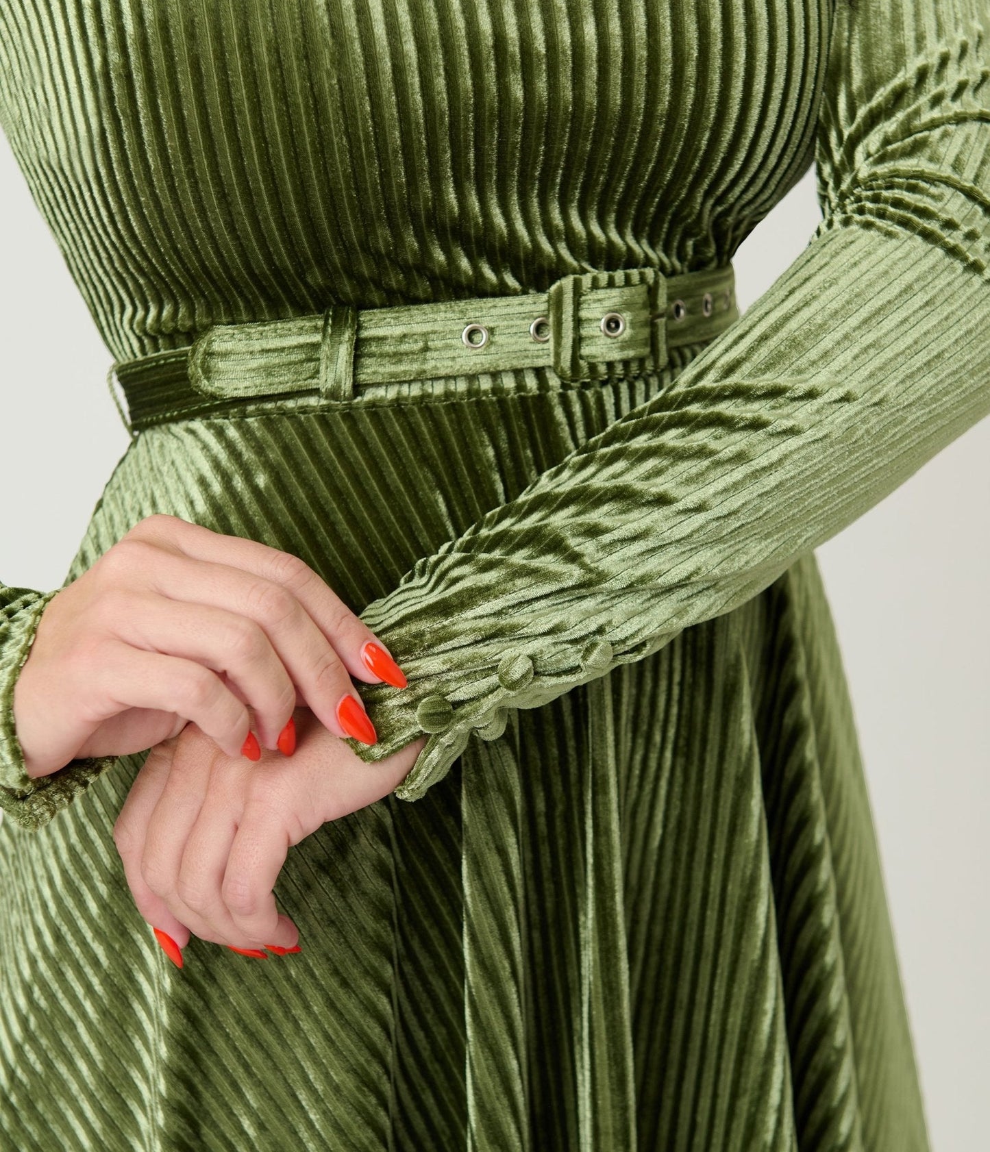 Unique Vintage Olive Green Long Sleeve Devon Swing Dress
