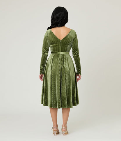 Unique Vintage Olive Green Long Sleeve Devon Swing Dress