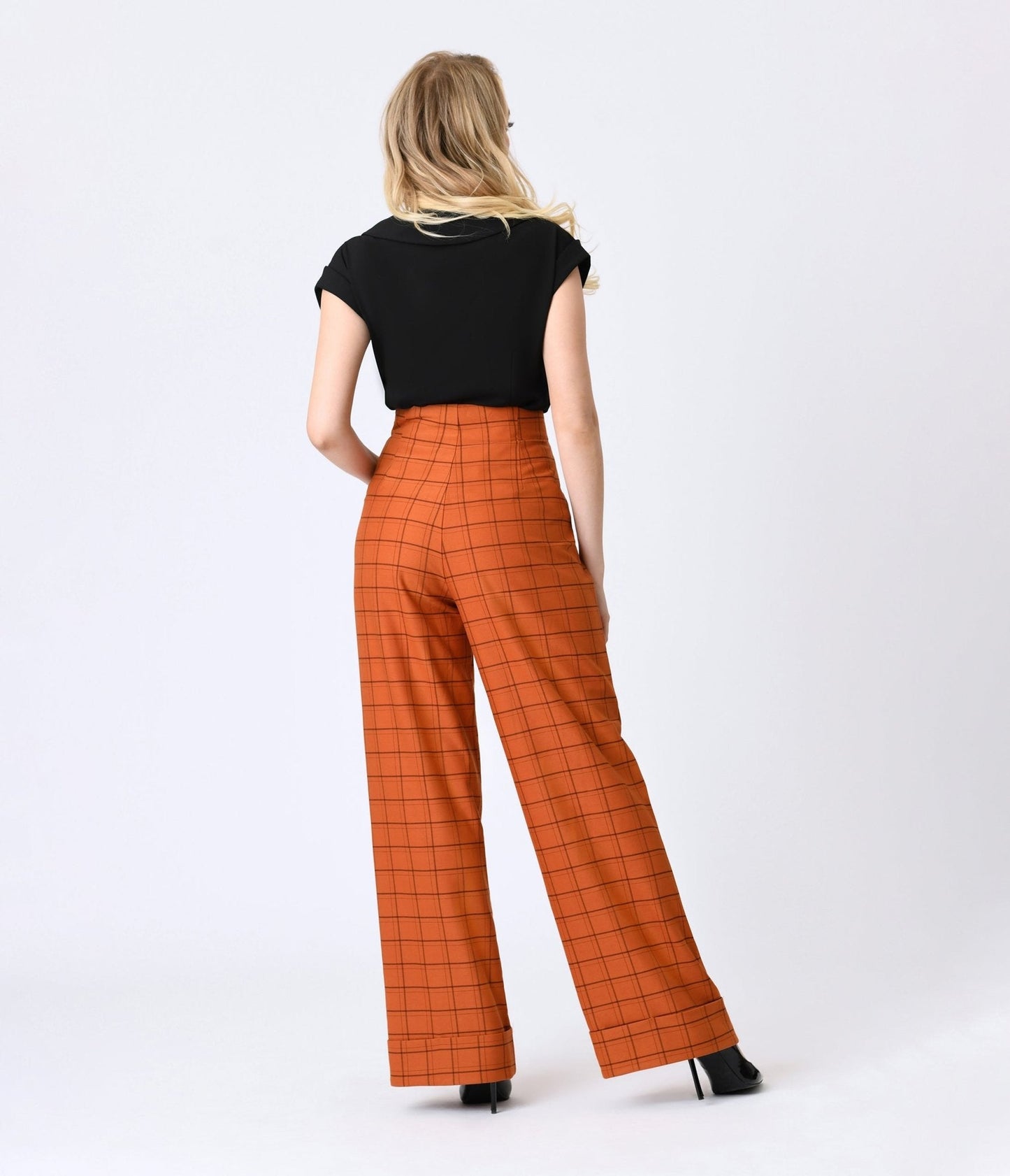 Unique Vintage Orange Windowpane Buttoned Wide Leg Trousers