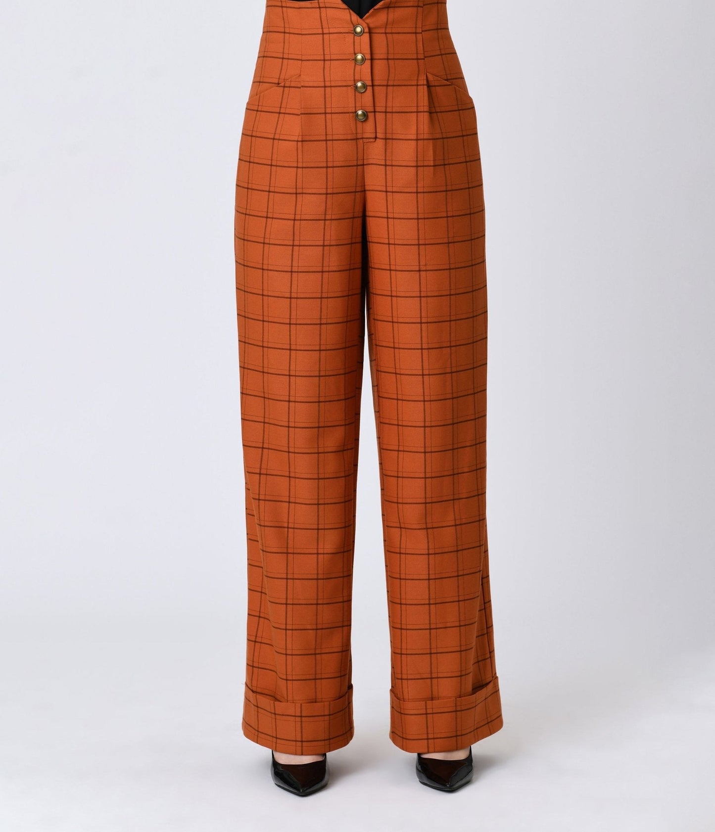 Unique Vintage Orange Windowpane Buttoned Wide Leg Trousers