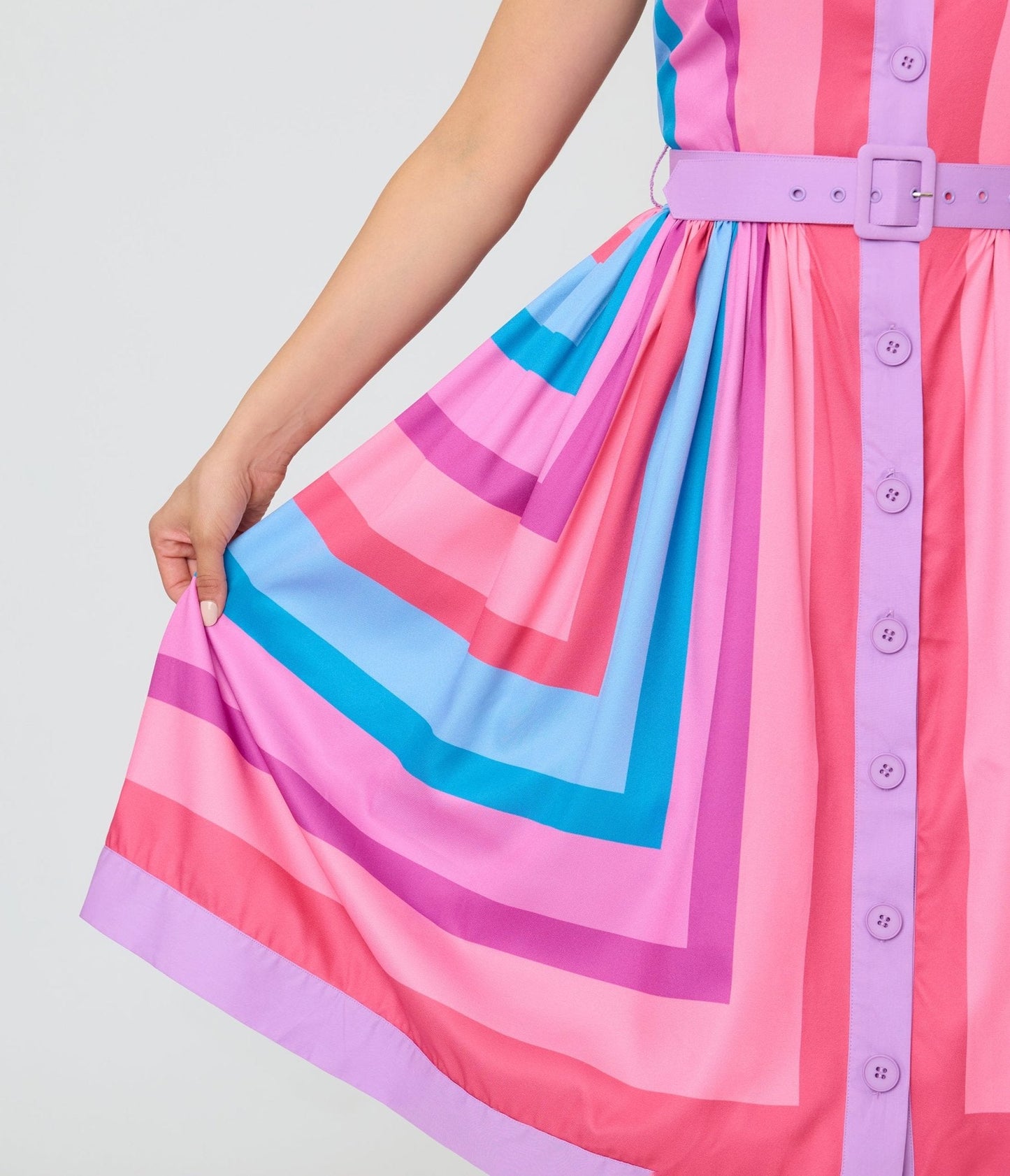 Unique Vintage Pastel Purple & Blue Stripe Sleeveless Button Swing Dress