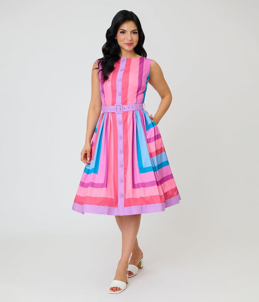 Unique Vintage Pastel Purple & Blue Stripe Sleeveless Button Swing Dress