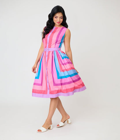 Unique Vintage Pastel Purple & Blue Stripe Sleeveless Button Swing Dress