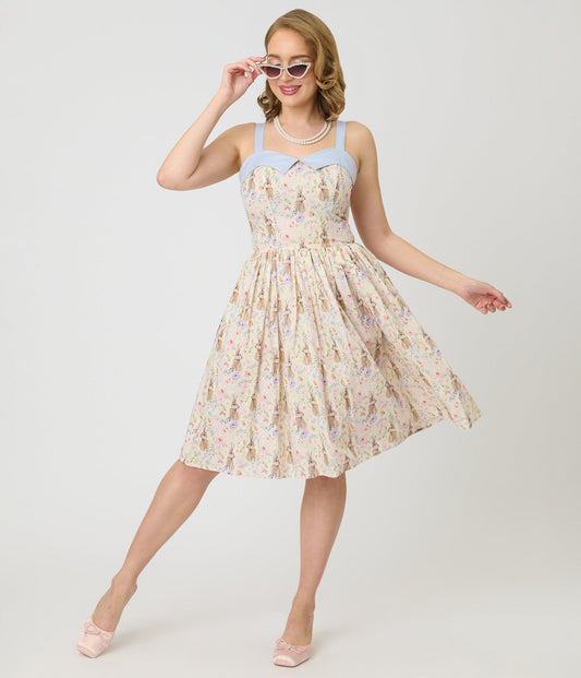 Unique Vintage Periwinkle Bunny Print Rachel Swing Dress