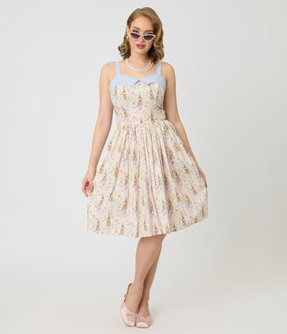 Unique Vintage Periwinkle Bunny Print Rachel Swing Dress