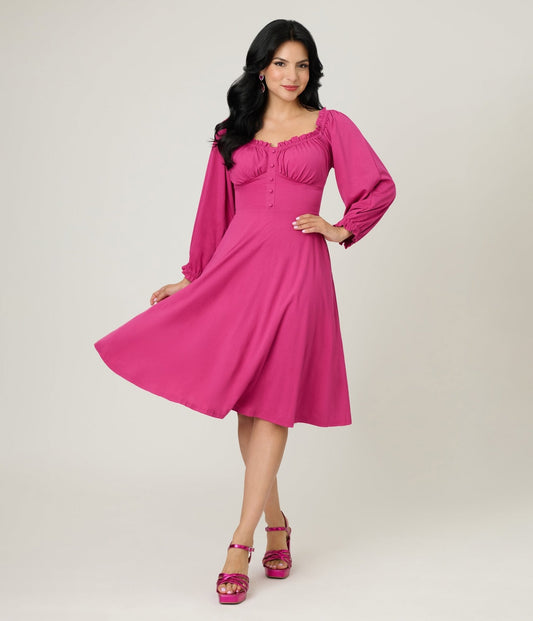 Unique Vintage Pink Gathered Knit Swing Dress