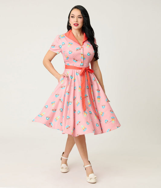 Unique Vintage Pink Pyrex Print Cotton Shirt Dress