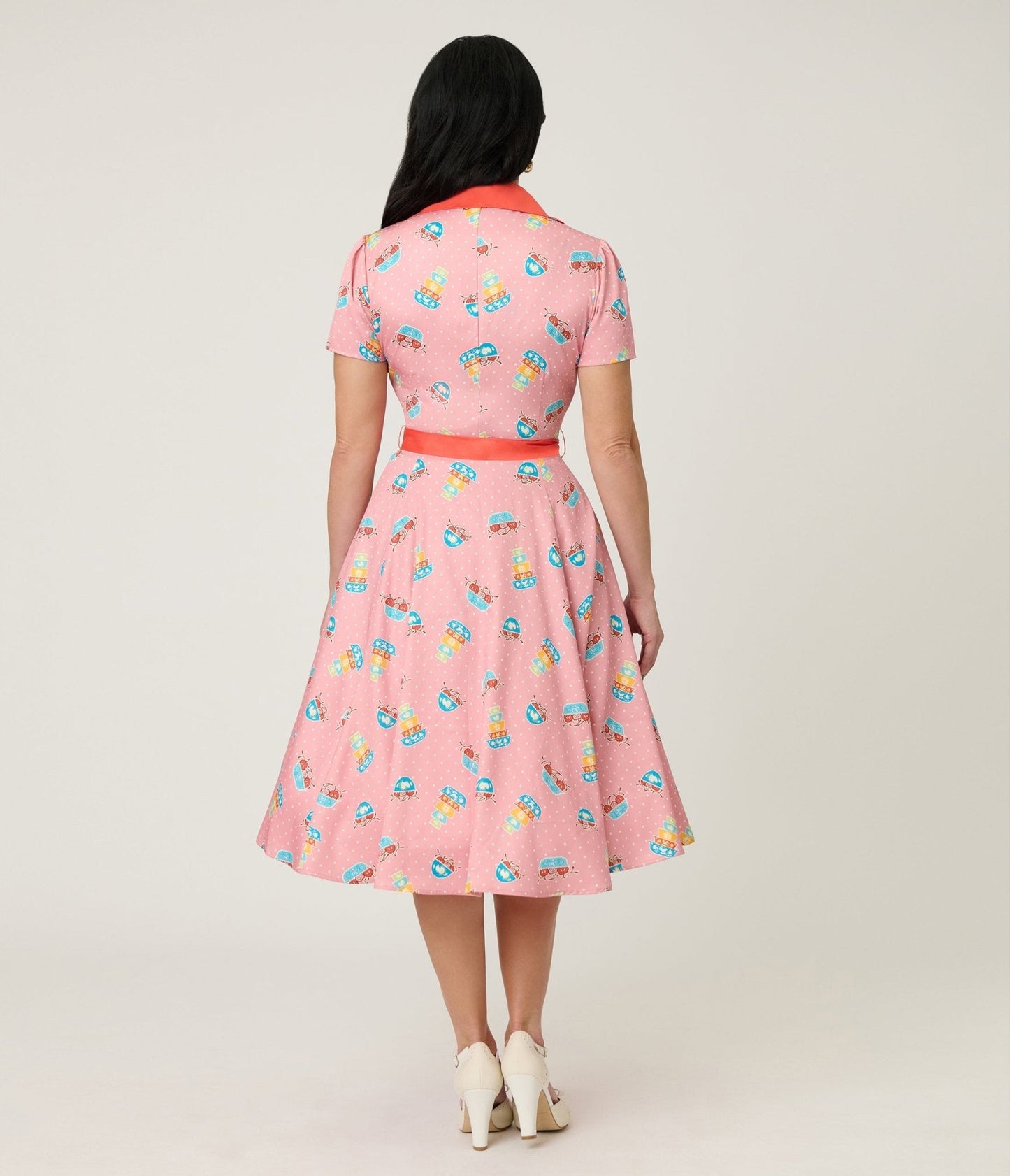 Unique Vintage Pink Pyrex Print Cotton Shirt Dress