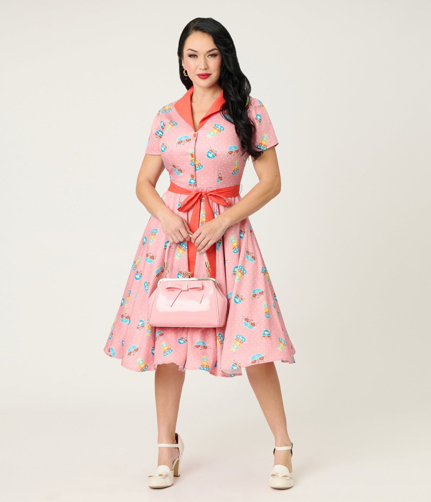 Unique Vintage Pink Pyrex Print Cotton Shirt Dress