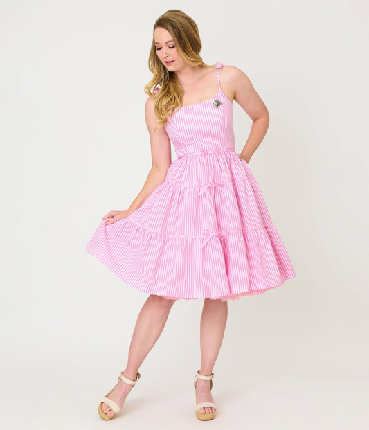 Unique Vintage Pink Stripes & Frog Brooch Tiered Swing Dress