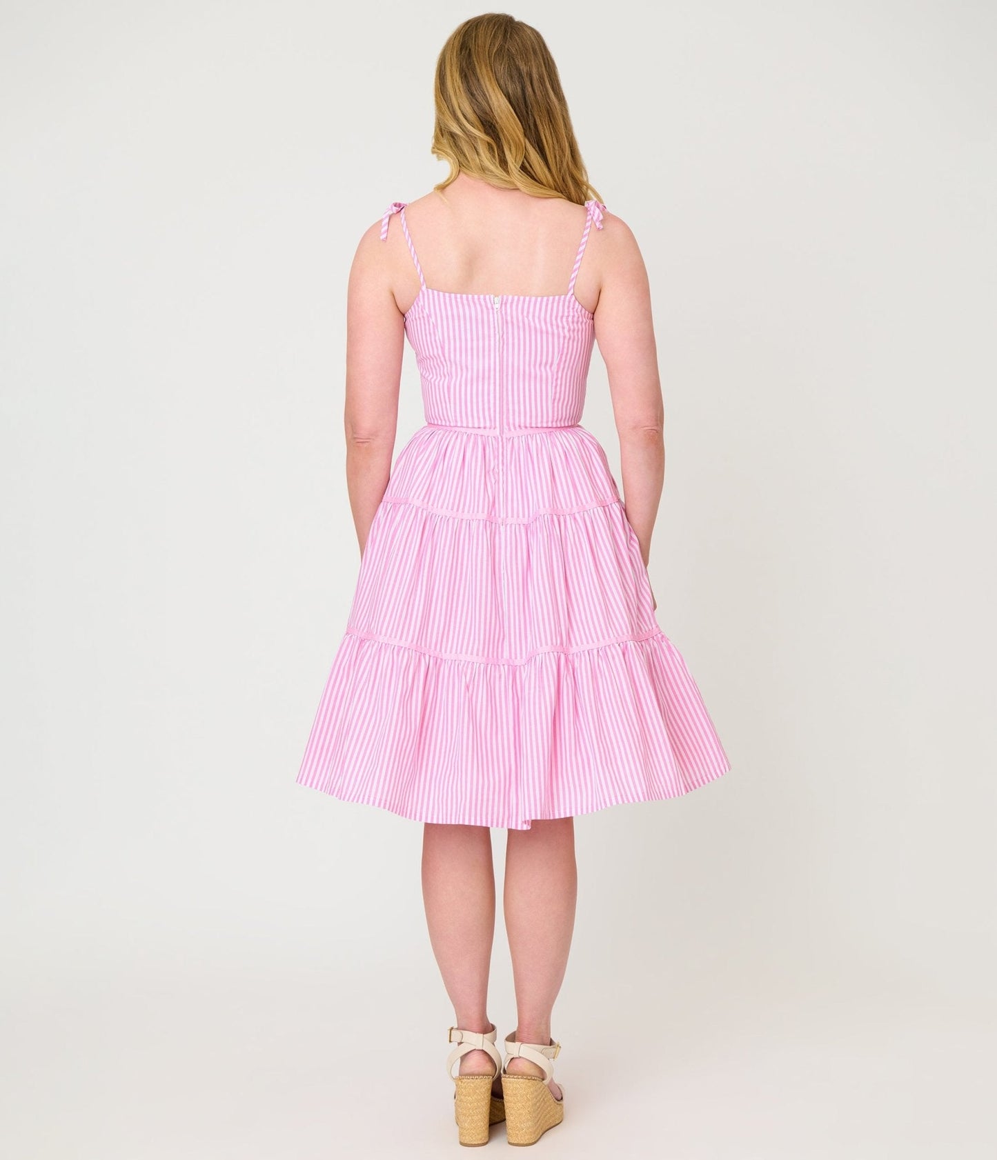 Unique Vintage Pink Stripes & Frog Brooch Tiered Swing Dress