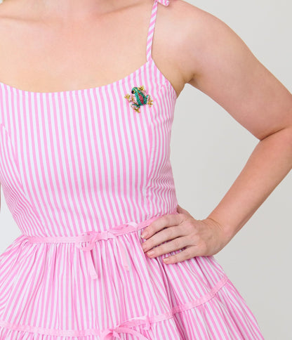 Unique Vintage Pink Stripes & Frog Brooch Tiered Swing Dress
