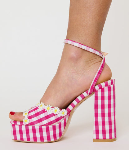 Unique Vintage Pink & White Gingham Platform Heels