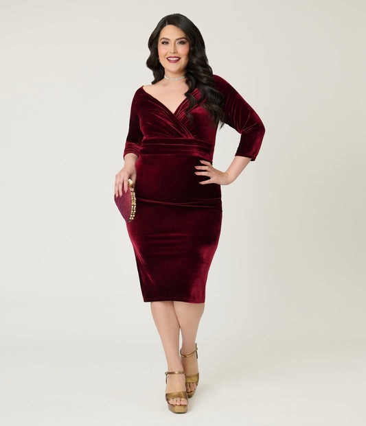 Unique Vintage Plus Size Burgundy Velvet Off the Shoulder Surplice Pencil Dress