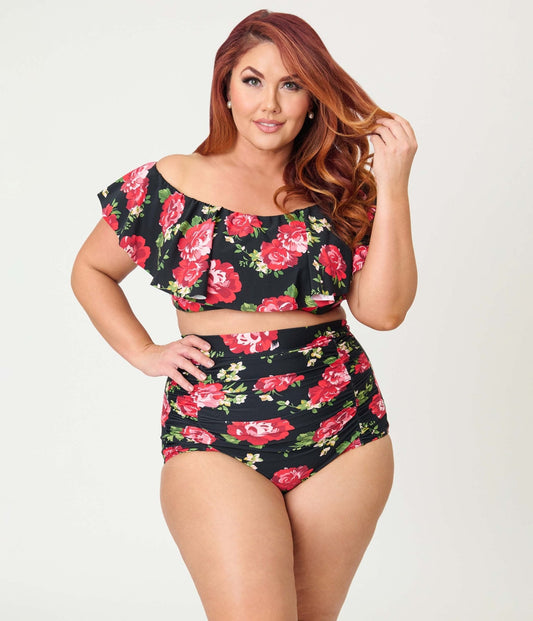 Unique Vintage Plus Size Cabbage Roses Monroe High Waist Swim Bottom