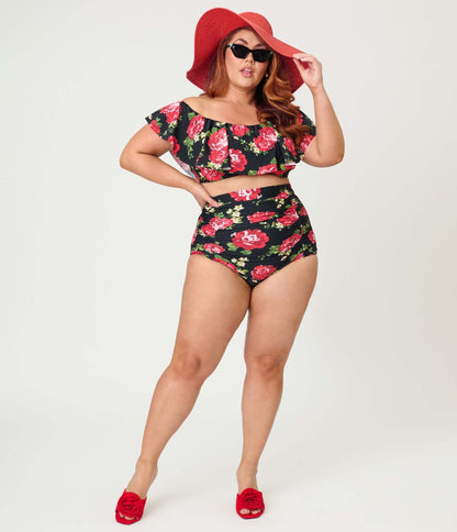 Unique Vintage Plus Size Cabbage Roses Monroe High Waist Swim Bottom
