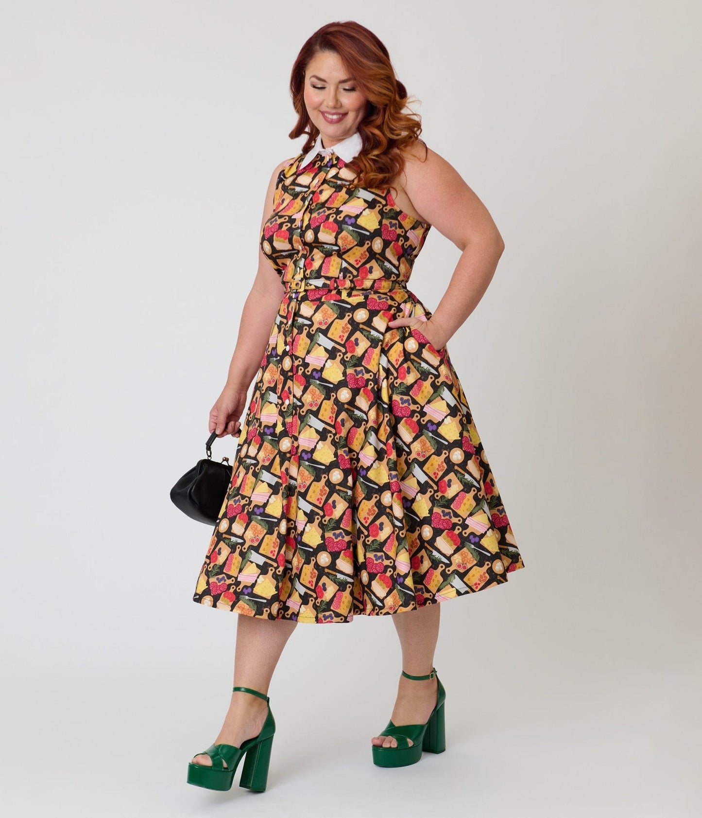 Unique Vintage Plus Size Charcuterie Print Darlene Swing Dress