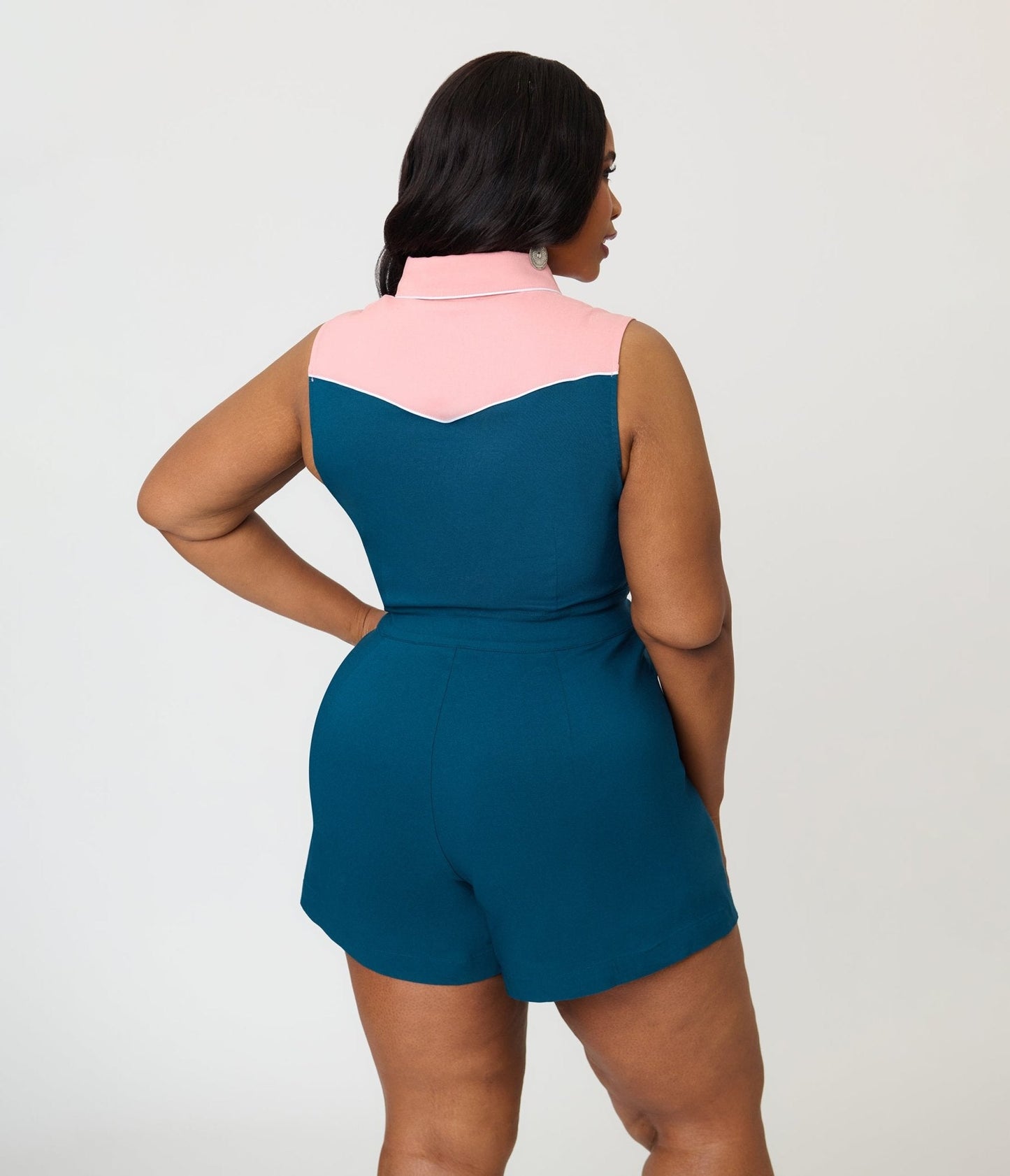 Unique Vintage Plus Size Dark Teal & Pink Rodeo Ready Romper