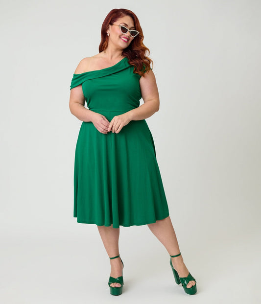 Unique Vintage Plus Size Green Asymmetrical Neck Swing Dress
