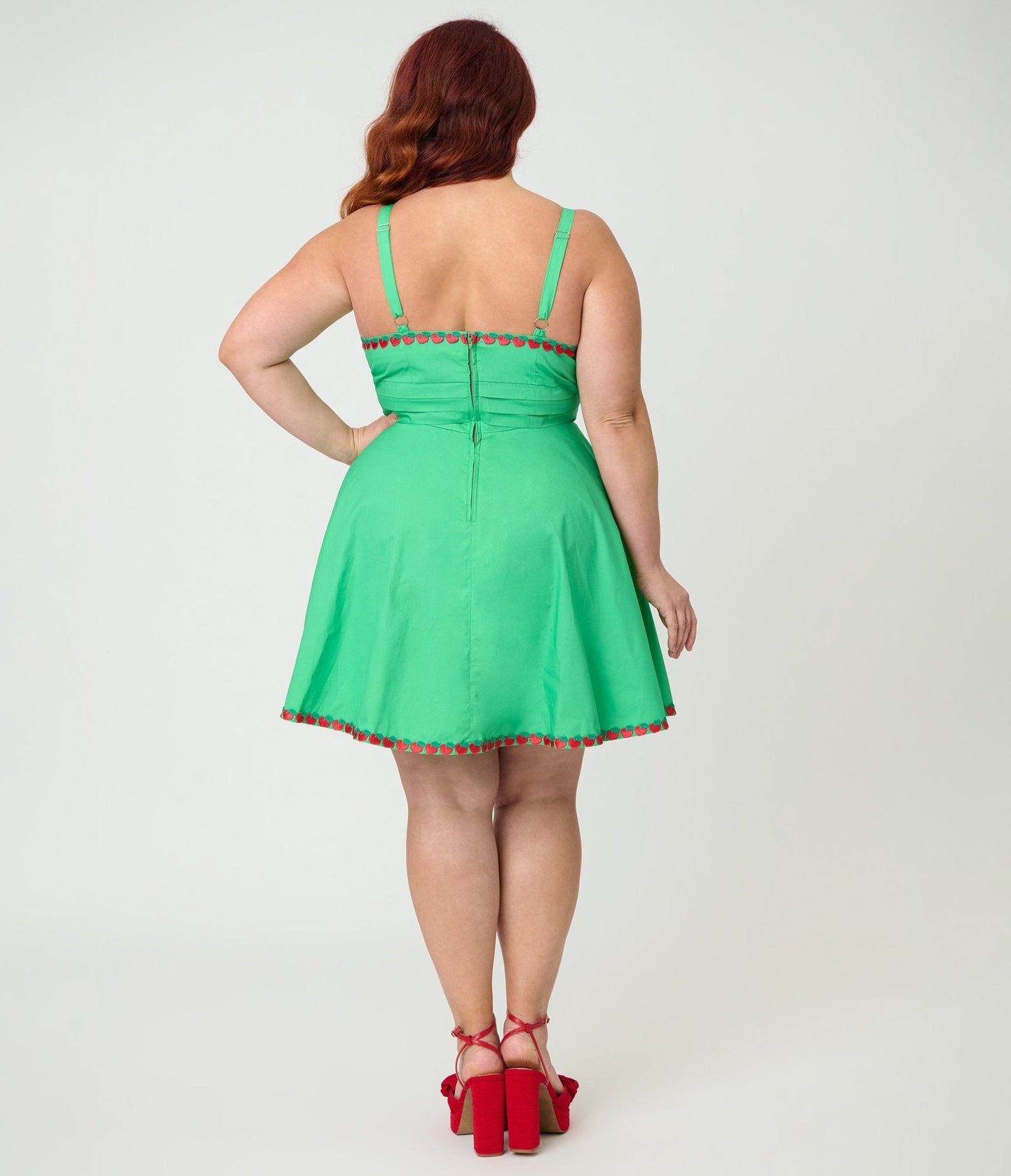 Unique Vintage Plus Size Green & Fruit Trim Cotton Flare Dress