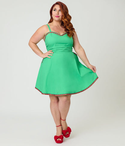 Unique Vintage Plus Size Green & Fruit Trim Cotton Flare Dress