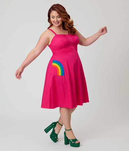 Unique Vintage Plus Size Hot Pink & Rainbow Pockets Sweetheart Swing Dress