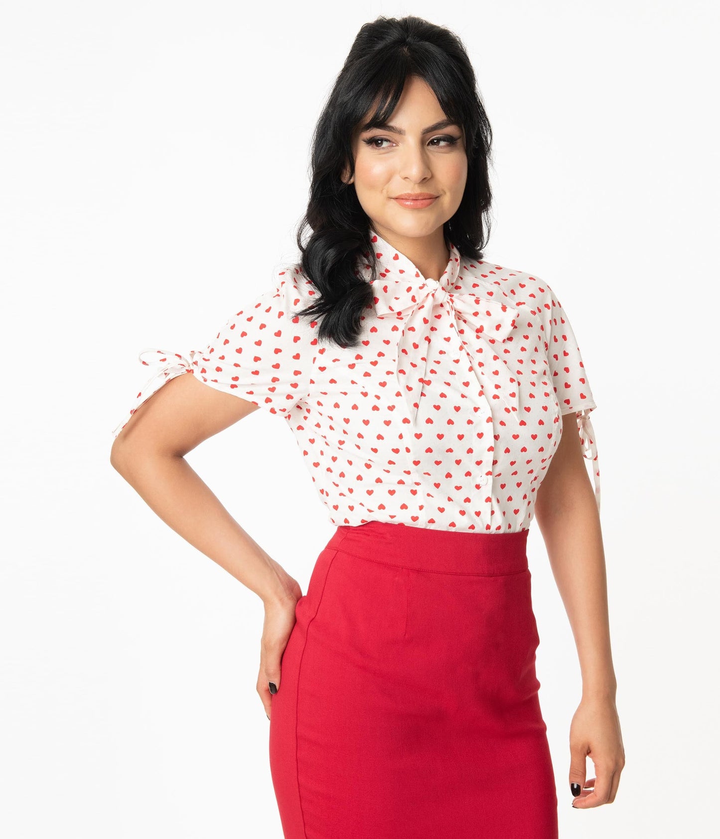 Unique Vintage 1960s White & Red Heart Print Chita Blouse