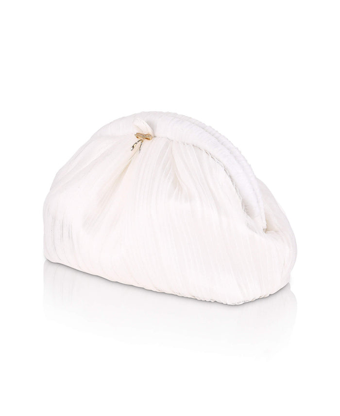 White | Vale Pleated Tulle and Satin Mini Pouch Clutch Side