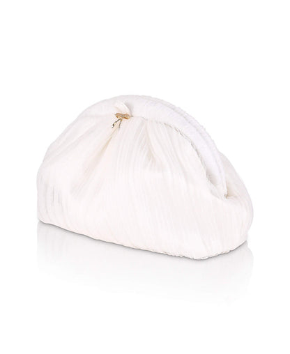 White | Vale Pleated Tulle and Satin Mini Pouch Clutch Side
