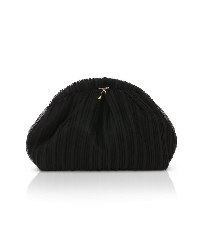 Black | Vale Pleated Tulle and Satin Mini Pouch Clutch Front