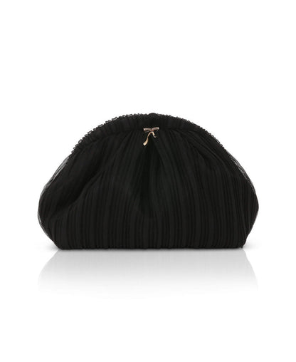 Black | Vale Pleated Tulle and Satin Mini Pouch Clutch Front