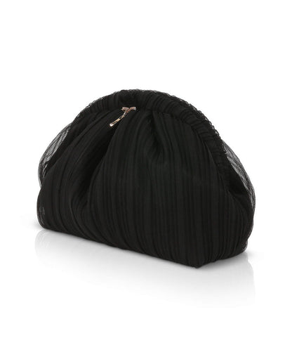 Black | Vale Pleated Tulle and Satin Mini Pouch Clutch Side