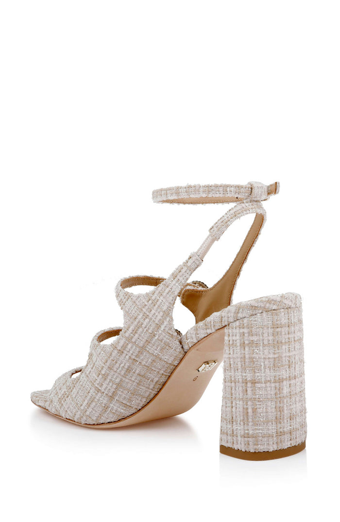 Cream Multi | Vella Tweed Pearl Embellished Block Heel Sandals Back Side
