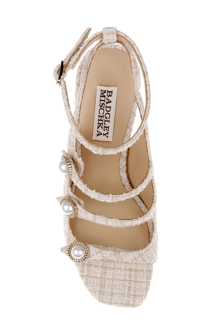 Cream Multi | Vella Tweed Pearl Embellished Block Heel Sandals Top