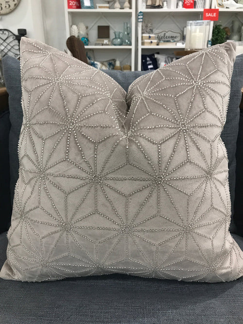 Velvet Diamante Cushion Geo Cool Grey