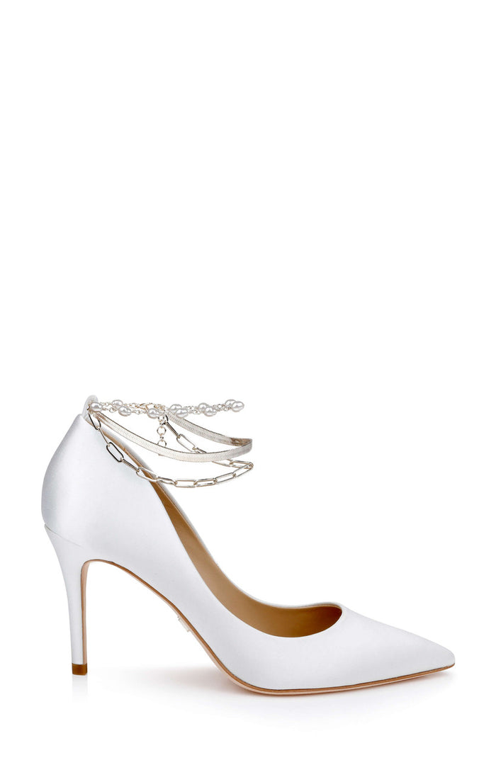 White | Verna Satin Pointed Toe Pumps with Pearl Chain Ankle Strap Side